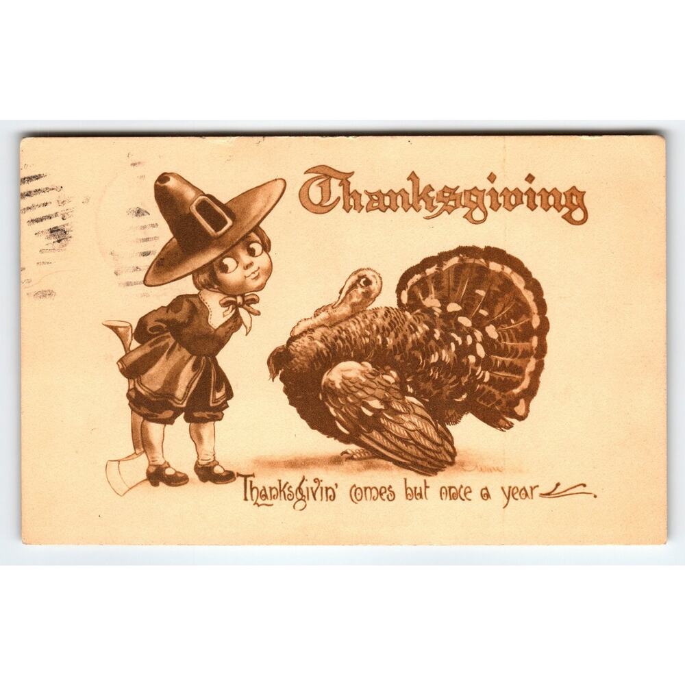Vintage 1916 Thanksgiving Pilgrim Boy & Turkey Postcard Lithograph